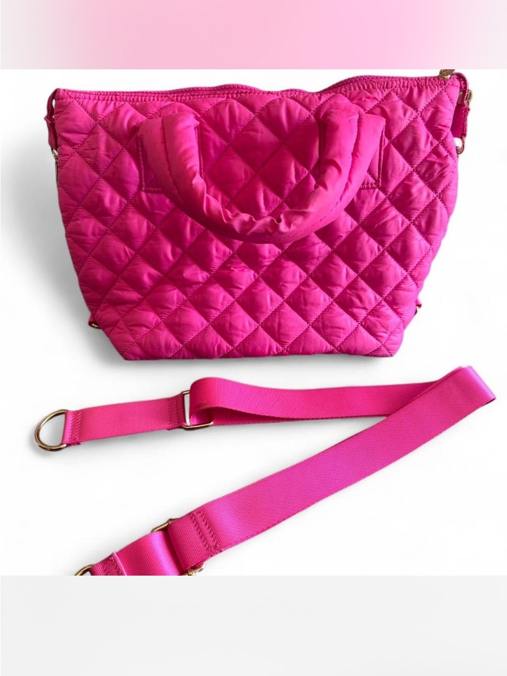 Jill & Ally Hot Pink Small Nylon Quilted Tote with Removable Strap